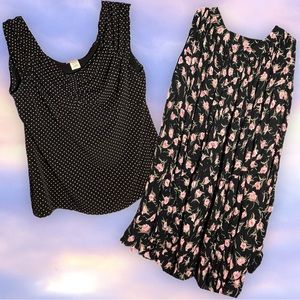 Carol Rose black & white polka dot top & Neo Nostalgia rose print circle skirt